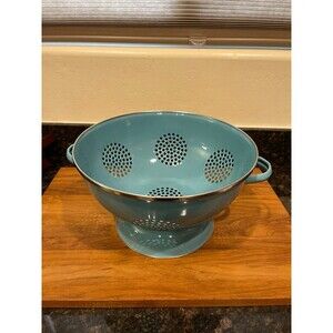 Teal Enamelware Large 11" Colander Strainer w Pedestal